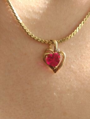 10K Solid Gold Ruby Heart Pendant With Diamond